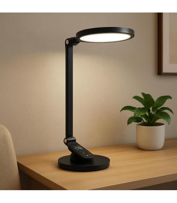 RAGAS Lámpara de escritorio LED negra - Brillo ajustable, luz blanca y reloj – foto